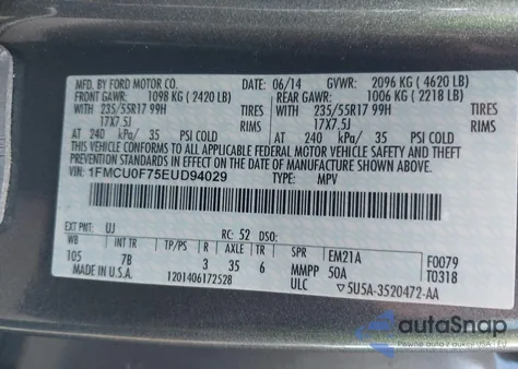 2014 Ford Escape S из США, поврежденный, VIN 1FMCU0F75EUD94029